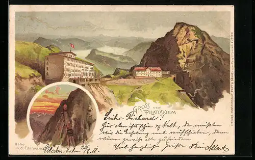 Lithographie Pilatuskulm, Bahn an der Eselwand, Hotel auf dem Gipfelplateau