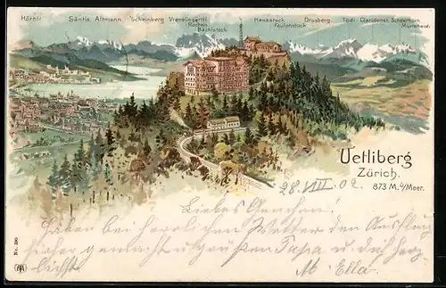 Lithographie Zürich-Uetliberg, Ortsansicht mit Hausstock, Drusberg u. Tödi