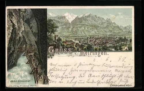 Lithographie Meiringen, Aareschlucht, Ortsansicht mit Bergen