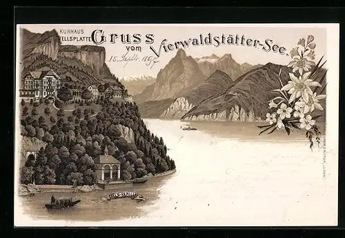 Lithographie Sisikon, Tellskapelle und Kurhaus Tellsplatte am Vierwaldstätter-See