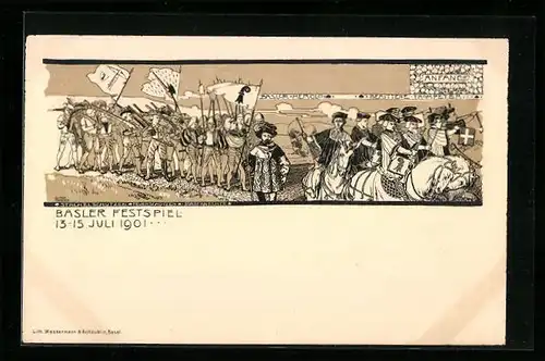 Künstler-AK Basel, Bundesfeier 1901, Festspiel, Herolde und berittene Trompeter