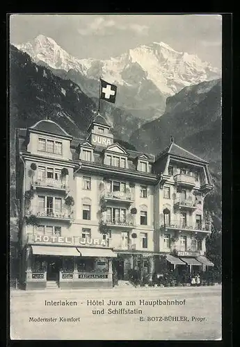 AK Interlaken, Hotel Jura am Hauptbahnhof und Schiffstation