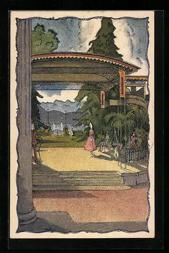 Künstler-AK Zürich, Grand Hotel Baur au Lac, Durchblick auf den See