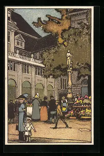 Künstler-AK Zürich, Markt auf dem Paradeplatz