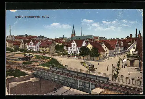 AK Schwenningen a. N., Ortspartie an den Bahngleisen