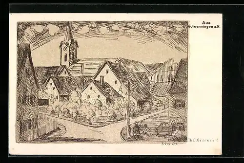 Künstler-AK Schwenningen a. N., Strassenkreuzung und Kirchturm