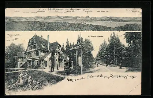 AK Esslingen, Waldschenke zu den drei Linden, Römerstrasse und Alb-Panorama von der Kurhausanlage Jägerhaus gesehen