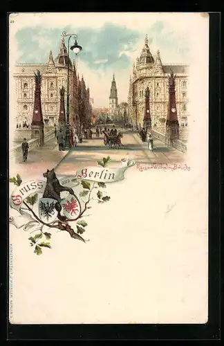 Lithographie Berlin, Kaiser Wilhelm-Brücke und Strasse mit Passanten