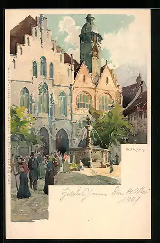 Lithographie Hildesheim, Rathaus mit Passanten
