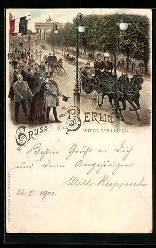 Lithographie Berlin, Unter den Linden, Strassenpartie mit Kutsche u. Passanten