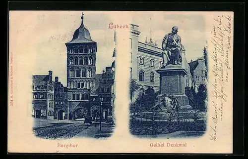 AK Lübeck, Burgthor und Geibel Denkmal