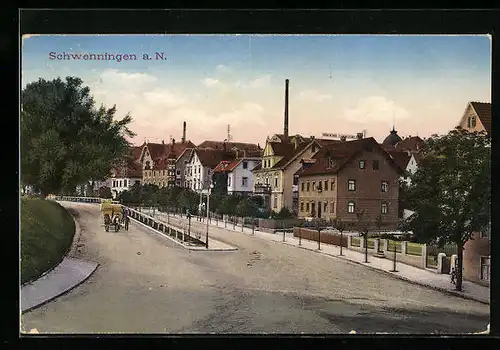 AK Schwenningen a. N., Ortspartie mit Pferdewagen