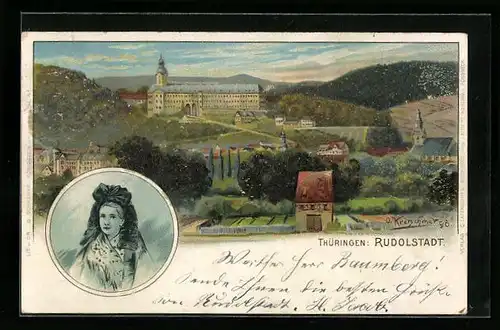 Künstler-Lithographie Rudolstadt, Ortspanorama mit Schloss