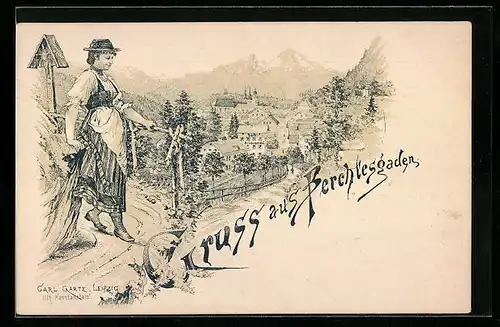 Lithographie Berchtesgaden, Panorama, Frau in Tracht am Wegkreuz