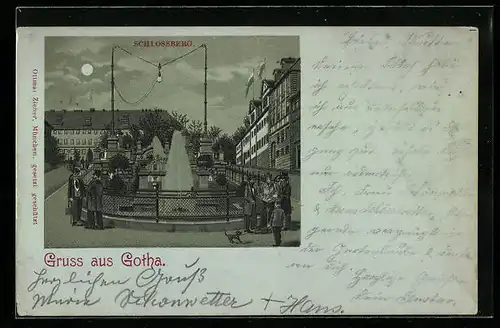 Mondschein-Lithographie Gotha, Strassenpartie und Brunnen am Schlossberg