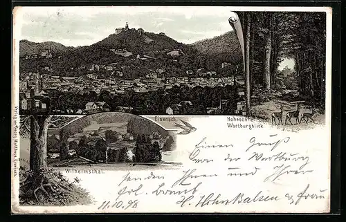 Lithographie Eisenach, Stadt aus der Vogelschau, Hohesonne mit Wartburgblick, Wilhelmsthal