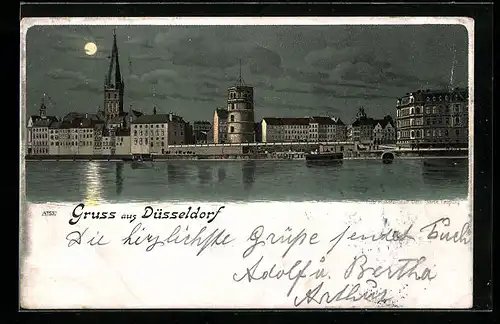 Mondschein-Lithographie Düsseldorf, Uferpartie mit Kirche