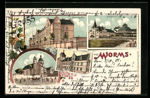 Lithographie Worms, Neue Kaserne, Paulus Museum, Festspielhaus