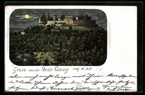 Lithographie Coburg, Veste bei Vollmond