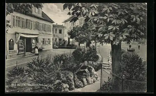 AK Bad Soden, Strassenpartie bei der Uhrmacherei Emil Petri, Brunnen No. 5