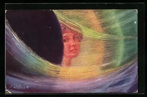 Künstler-AK sign. J. Edelman: Damenportrait in Regenbogenfarben
