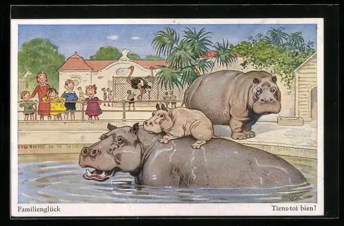 Künstler-AK Fritz Baumgarten: Familienglück, Nilpferde