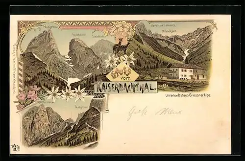 Lithographie Griessner Alpe, Unterkunfts- und Gasthaus, Blick ins Kaiserbachtal