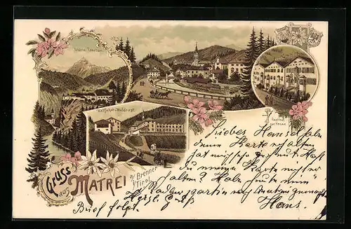 Lithographie Matrei a. Brenner, Gasthof zur Krone, Wallfahrt-Waldrast