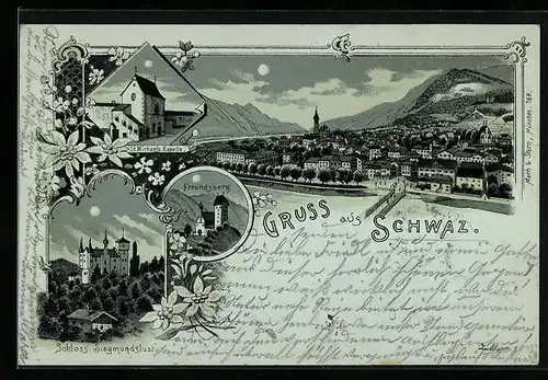 Mondschein-Lithographie Schwaz, Totalansicht mit Freundsberg, Schloss Siegmundslust