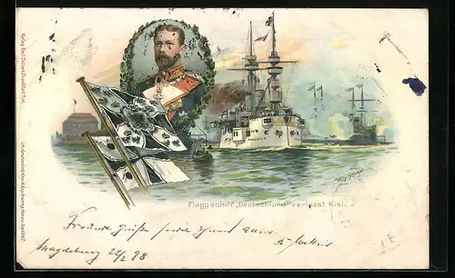 Künstler-AK Willy Stoewer: Kiel, Flaggschiff Deutschland bei der Ausfahrt, Portrait v. Grossadmiral Heinrich v. Preussen