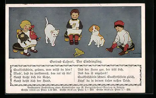Künstler-AK Gertrud Caspari: Der Eindringling, Frosch mit Kindern, Hund und Katze