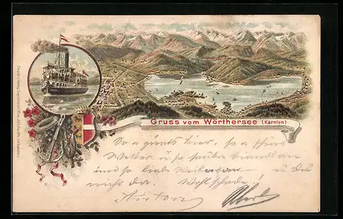 Lithographie Maria Wörth, Panorama mit Dampfer Helios und Wappen