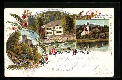 Lithographie Haibach ob der Donau, Steinwand, Ruine Stauf, C. Helletsgruber's Gasthaus