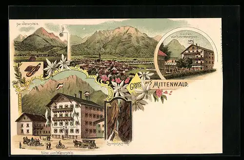 Lithographie Mittenwald, Totalansicht, Wetterstein, Hotel zum Wetterstein