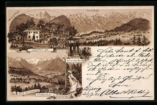 Lithographie Schönberg i. Stubaithal, Hotel Jagerhof am Schönberg, Witting Aussichts-Warte