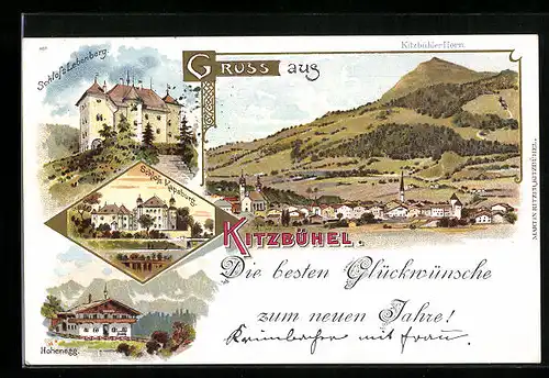 Lithographie Kitzbühel, Schloss Lebenberg, Schloss kabspurg, Hohenegg, Totalansicht mit Kitzbüheler Horn