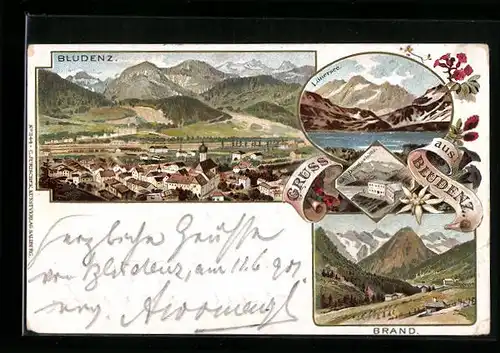 Lithographie Bludenz, Ortsansicht, Lünersee, Brand