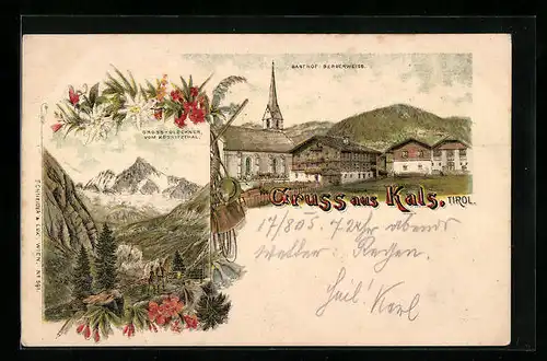 Lithographie Kals, Gasthof Bergerweiss, Gross-Glockner