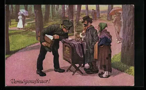 Künstler-AK Arthur Thiele: Vermögenssteuer, Leierkastenmann mit Äffchen