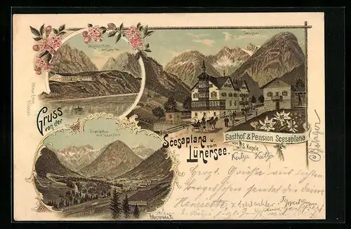 Lithographie Vandans, Gasthof und Pension Scesaplana, Douglass-Hütte