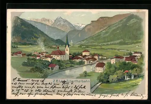 Künstler-AK Zell /Zillertalbahn, Ortsansicht aus der Vogelschau