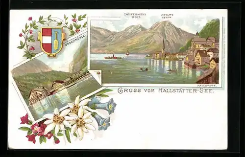 Lithographie Hallstatt, Gasthaus Gosau-Mühle, Ortsansicht mit Zwölferkogel u. Hierlatz, Wappen