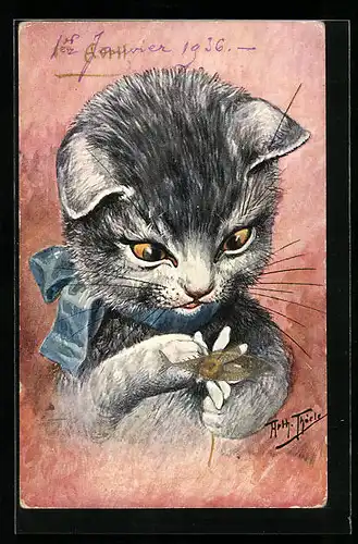 Künstler-AK Arthur Thiele: Er liebt mich ein wenig!, Katze zupft Blütenblätter