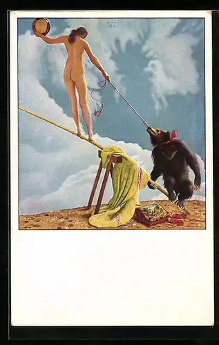 Künstler-AK Richard Müller: Auf der Schaukel, Nackte frau zerrt am Nasenring eines Tanzbären