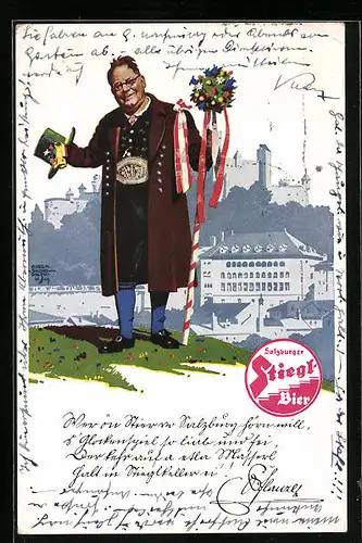 Künstler-AK Siegmund von Suchodolski: Salzburg, Stieglkeller, Herr im Festputz, Reklame Stiegl-Bier, Brauerei-Werbung