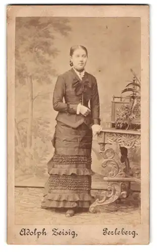 Fotografie Adolph Zeisig, Perleberg, junge Dame im taillierten Gründerzeitkleid steht am Sekretär