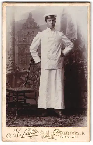 Fotografie M. Lange, Colditz i. S., Bäckergeselle in Dienstkleidung mit Schürze