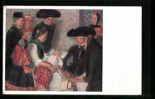 Künstler-AK Nach der Taufe, hessische Tracht, W. Thielmann
