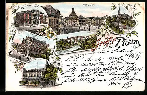 Lithographie Plauen i. V., Industrieschule, Restaurant zum Tunnel, Altmarkt