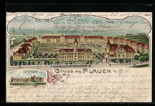 Lithographie Plauen i. V., Kaserne des Infanterie-Rgt. No. 134, Garnisonlazareth